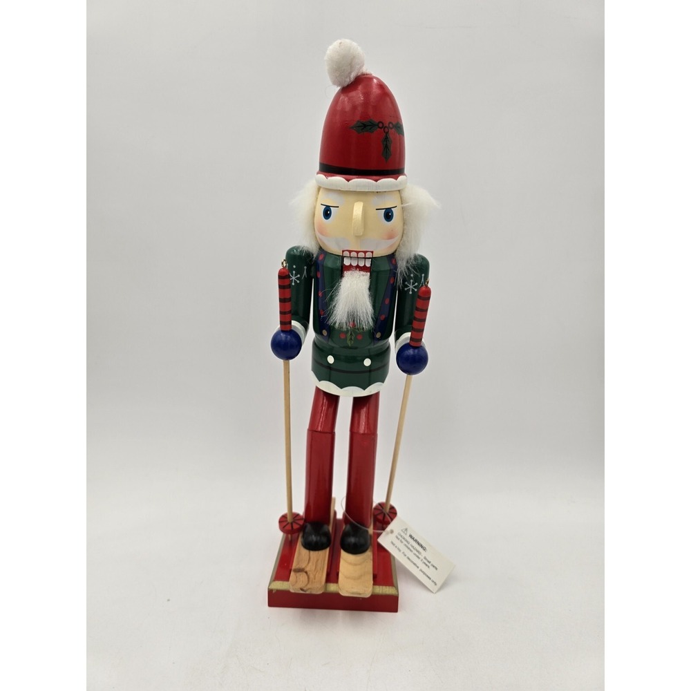 Skiing Santa Nutcracker Wooden Red Green Skis Poles 14"